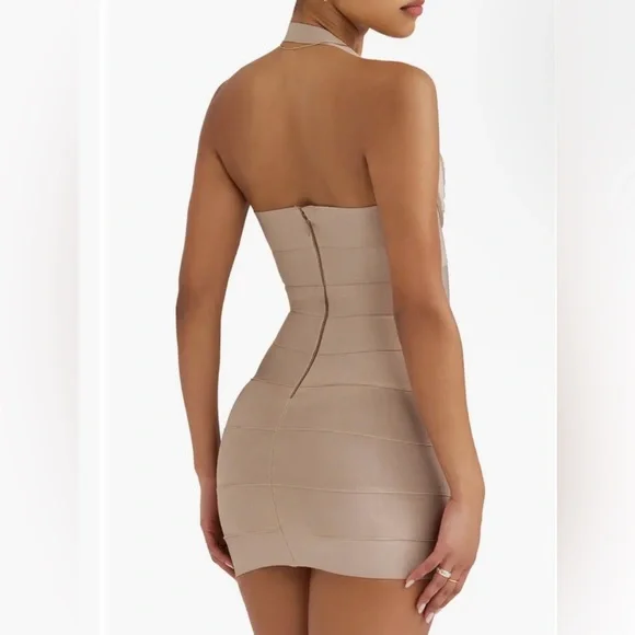 House of CB NWT Maliha Halter Neck Underwire Mini Dress Taupe Beige Bustier - Picture 3 of 6
